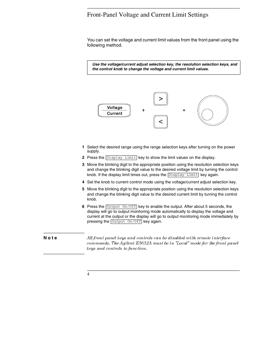 Front-panel voltage and current limit settings, Note | Agilent Technologies E3632A User Manual | Page 5 / 172