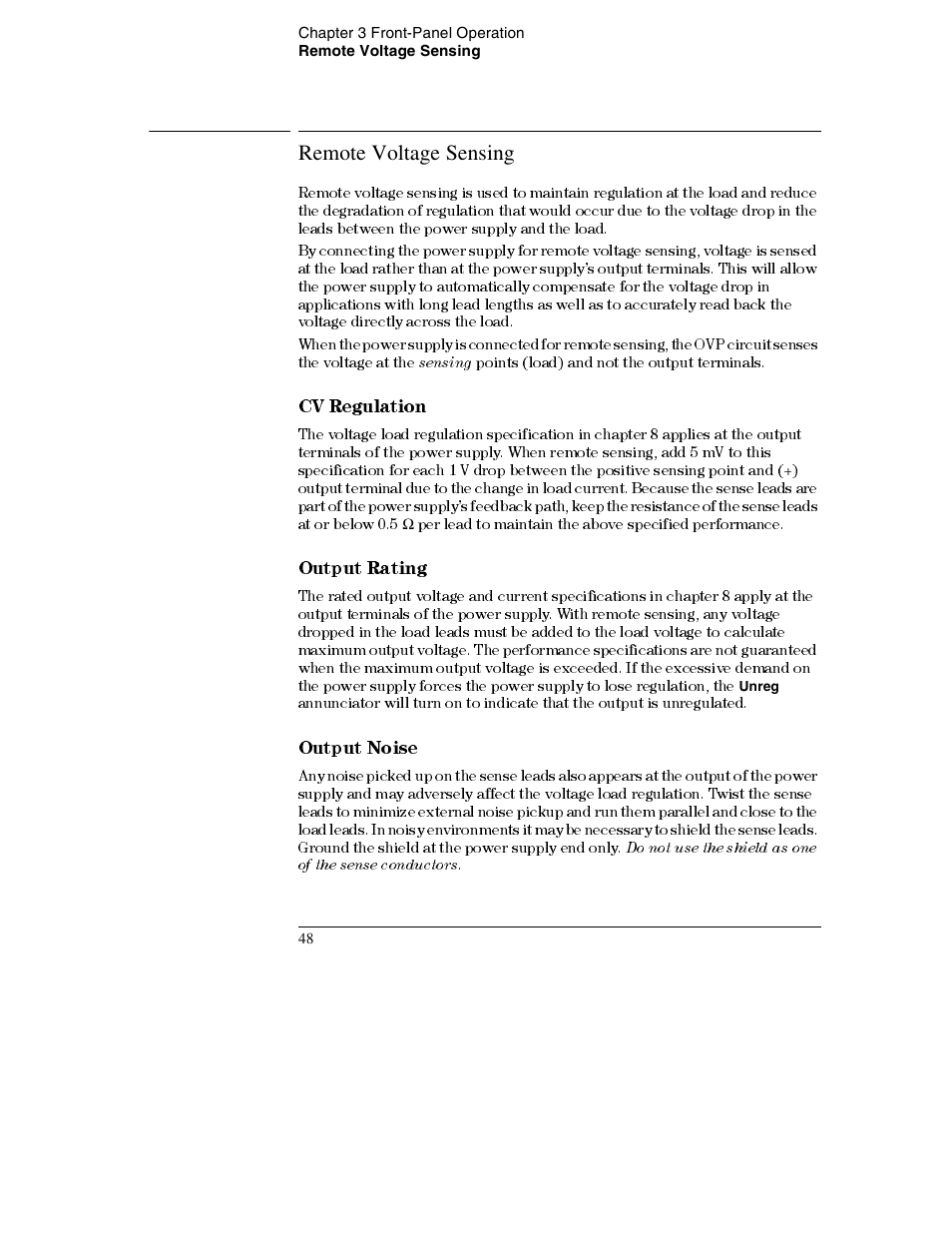 Remote voltage sensing, Remote voltage sensing 48, Cv regulation 48 | Output rating 48, Output noise 48, Cv regulation, Output rating, Output noise | Agilent Technologies E3632A User Manual | Page 50 / 172