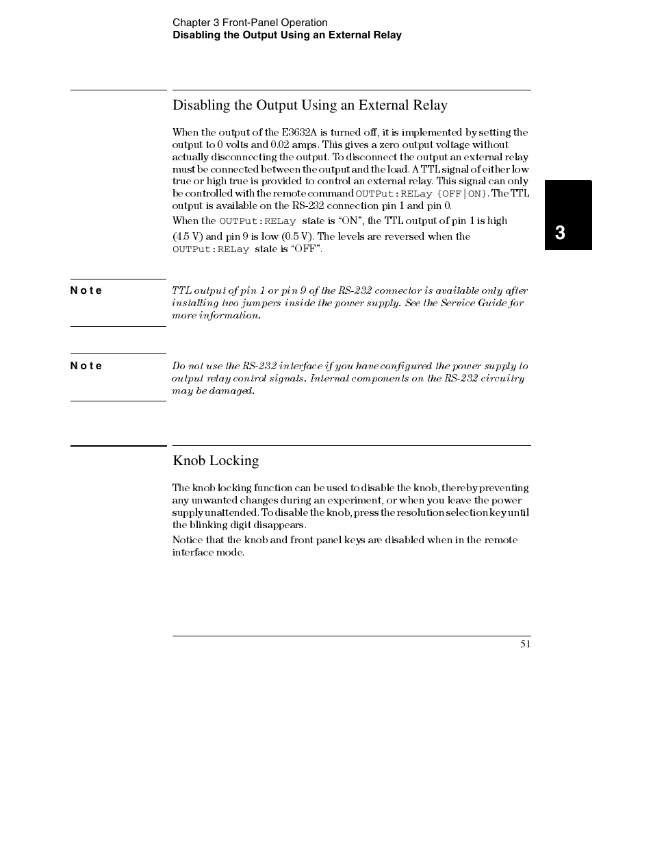 Disabling the output using an external relay, Note, Knob locking | Disabling the output using an external relay 51, Knob locking 51 | Agilent Technologies E3632A User Manual | Page 53 / 172