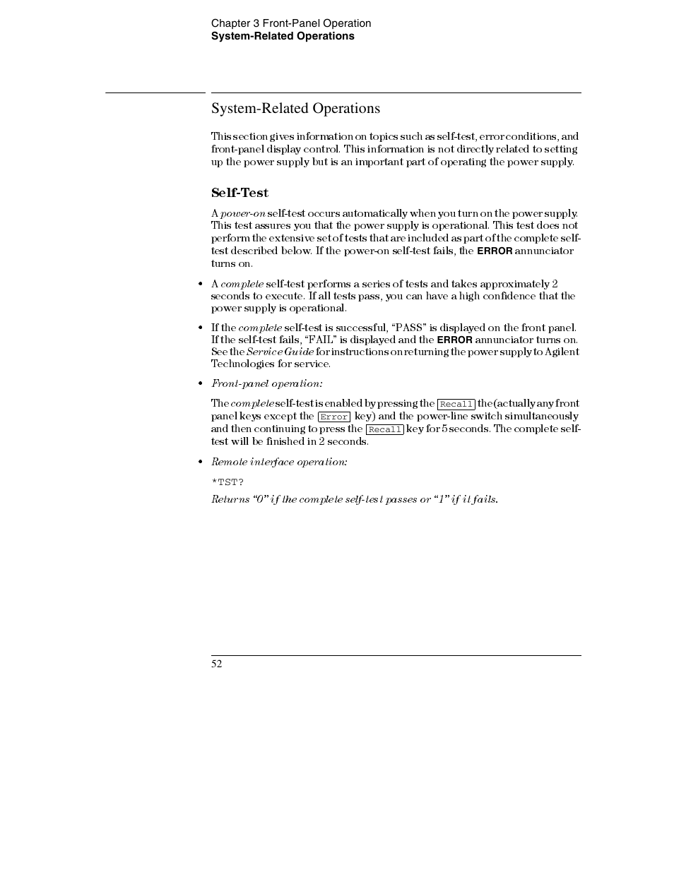 System-related operations, System-related operations 52, Self-test 52 | Self-test | Agilent Technologies E3632A User Manual | Page 54 / 172