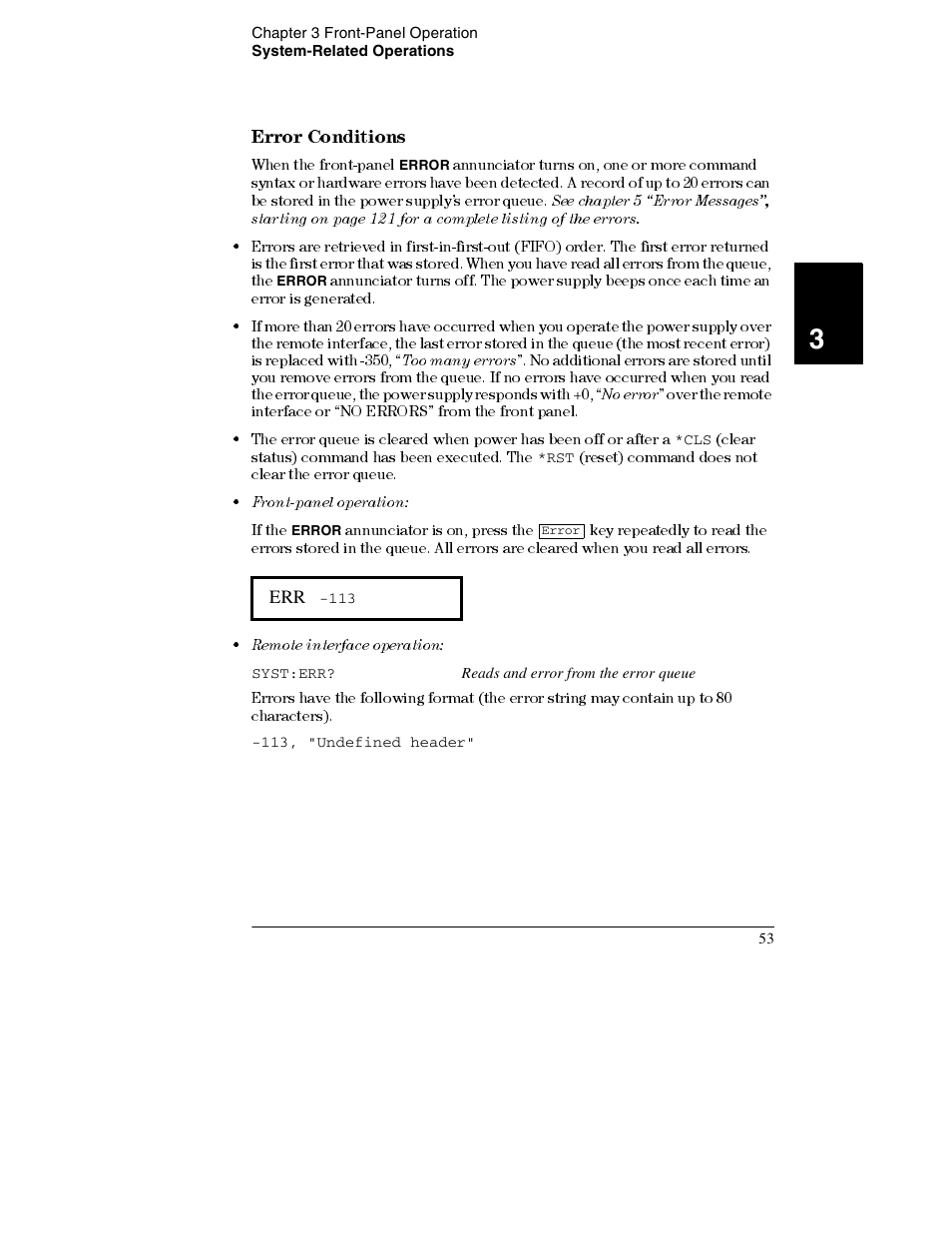 Error conditions 53, Error conditions | Agilent Technologies E3632A User Manual | Page 55 / 172