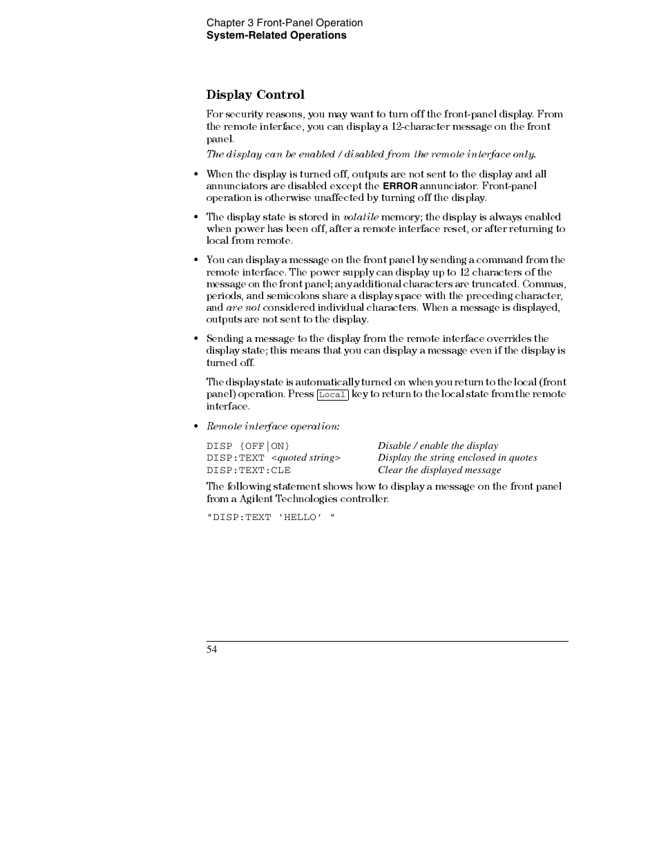 Display control 54, Display control | Agilent Technologies E3632A User Manual | Page 56 / 172