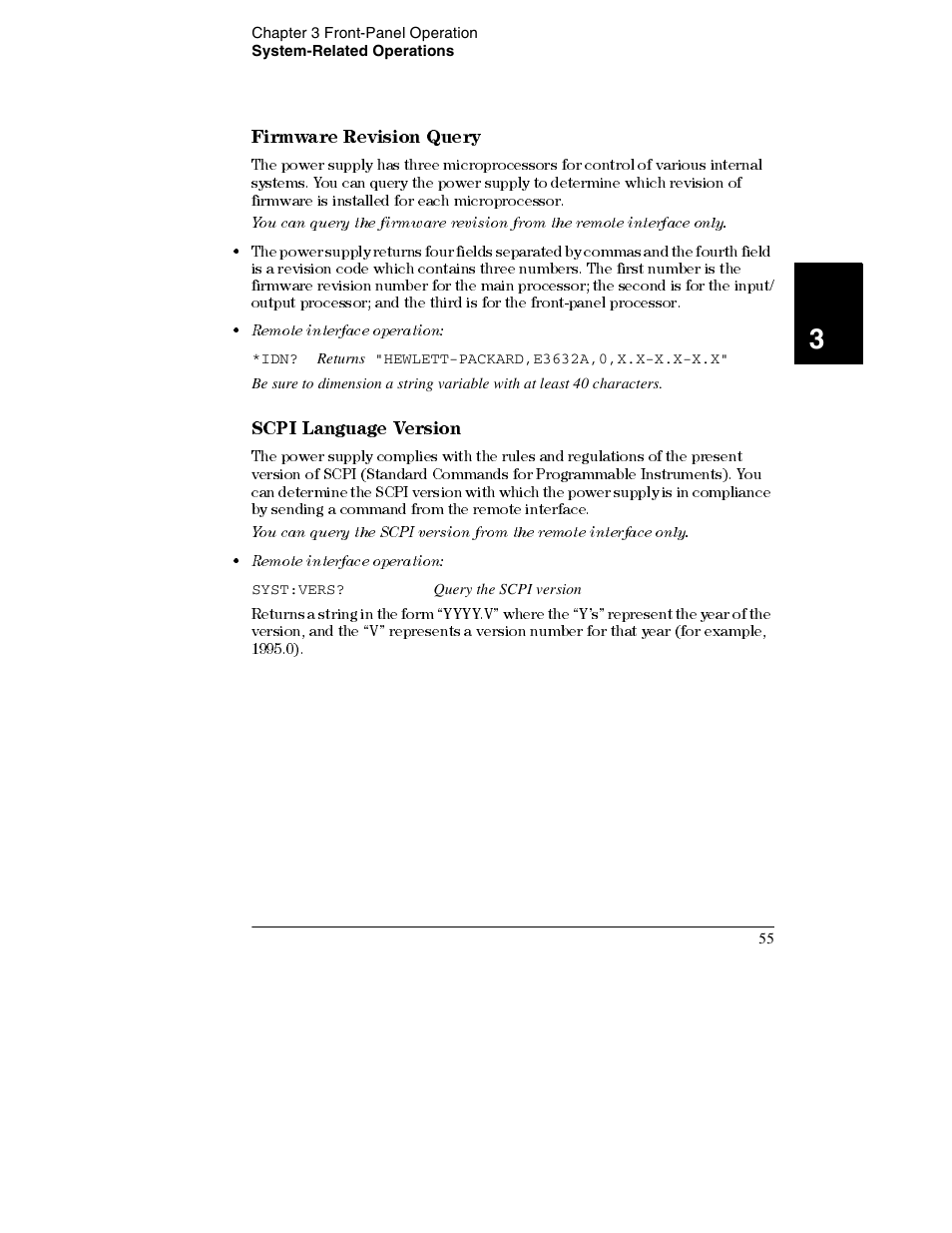 Firmware revision query 55, Scpi language version 55, Firmware revision query | Scpi language version | Agilent Technologies E3632A User Manual | Page 57 / 172