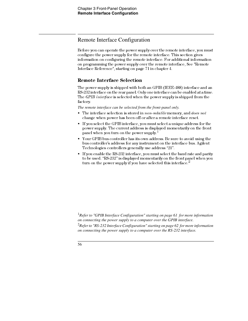Remote interface configuration, Remote interface configuration 56, Remote interface selection 56 | Remote interface selection | Agilent Technologies E3632A User Manual | Page 58 / 172