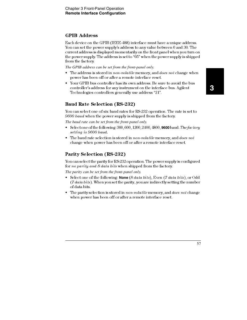 Gpib address 57, Baud rate selection (rs-232) 57, Parity selection (rs-232) 57 | Gpib address, Baud rate selection (rs-232), Parity selection (rs-232) | Agilent Technologies E3632A User Manual | Page 59 / 172