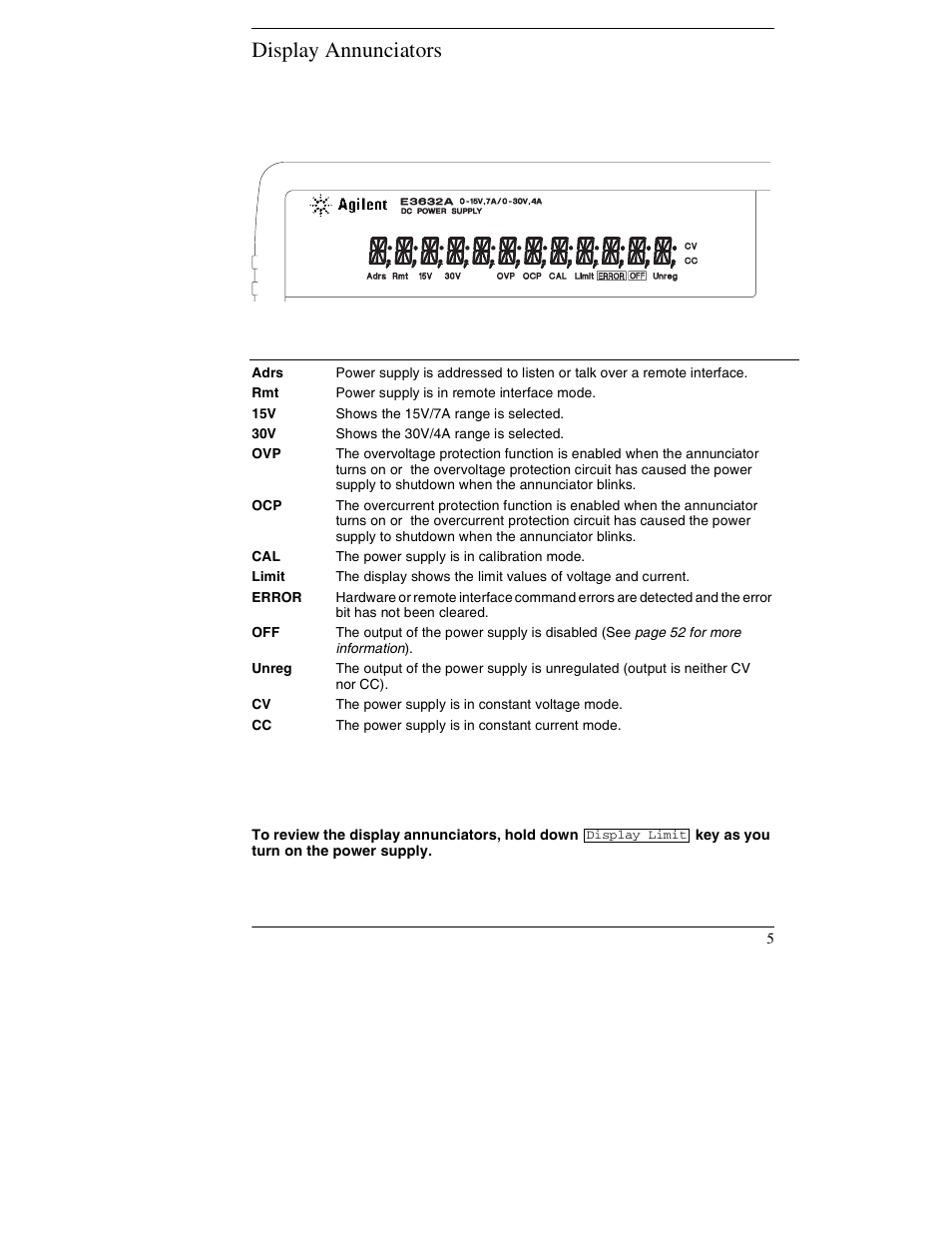 Display annunciators | Agilent Technologies E3632A User Manual | Page 6 / 172