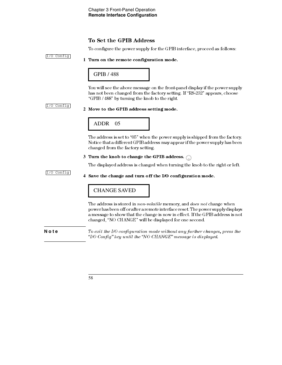 1 turn on the remote configuration mode, 2 move to the gpib address setting mode, 3 turn the knob to change the gpib address | Note, To set the gpib address 58 | Agilent Technologies E3632A User Manual | Page 60 / 172