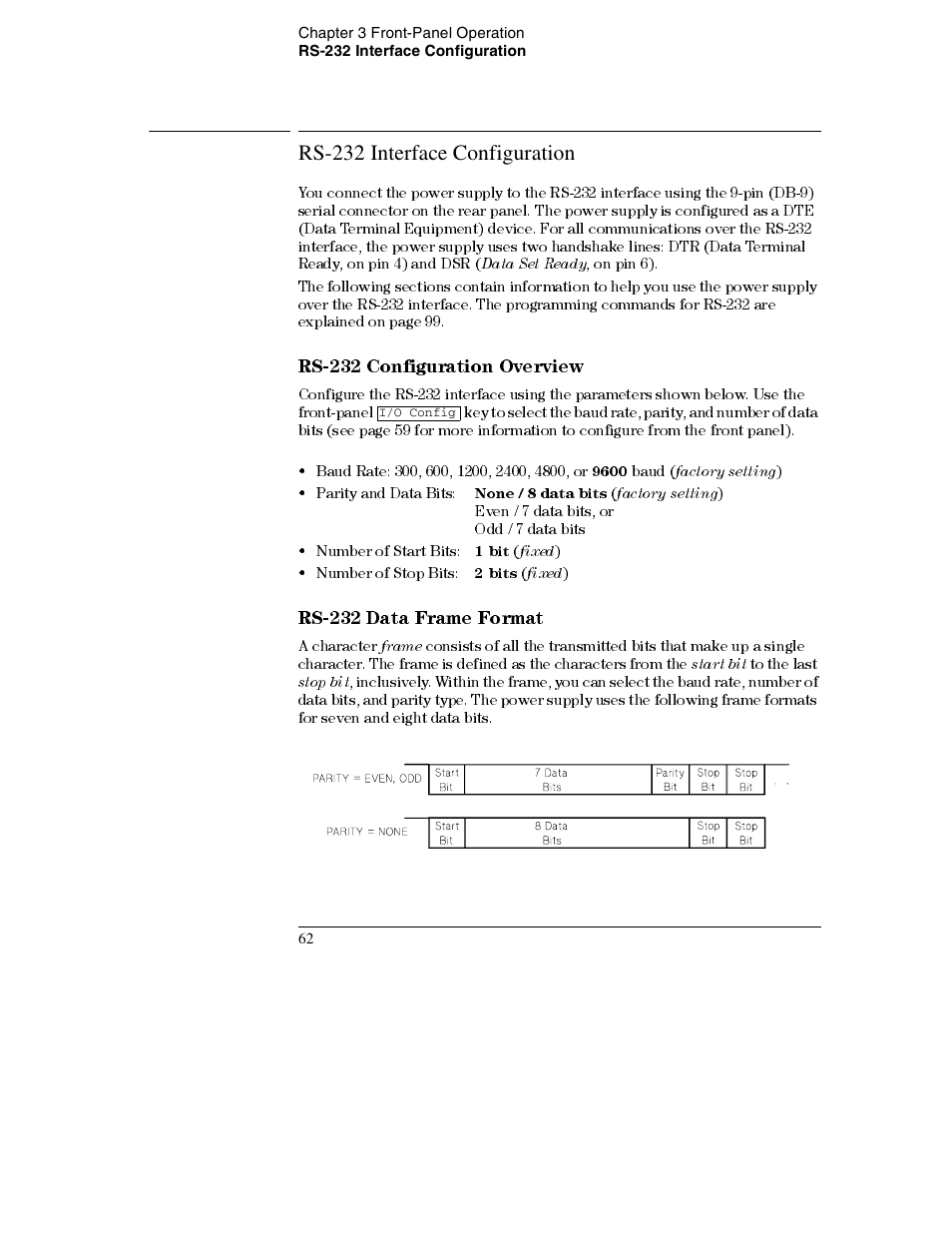 Rs-232 interface configuration, Rs-232 interface configuration 62, Rs-232 configuration overview 62 | Rs-232 data frame format 62, Rs-232 configuration overview, Rs-232 data frame format | Agilent Technologies E3632A User Manual | Page 64 / 172