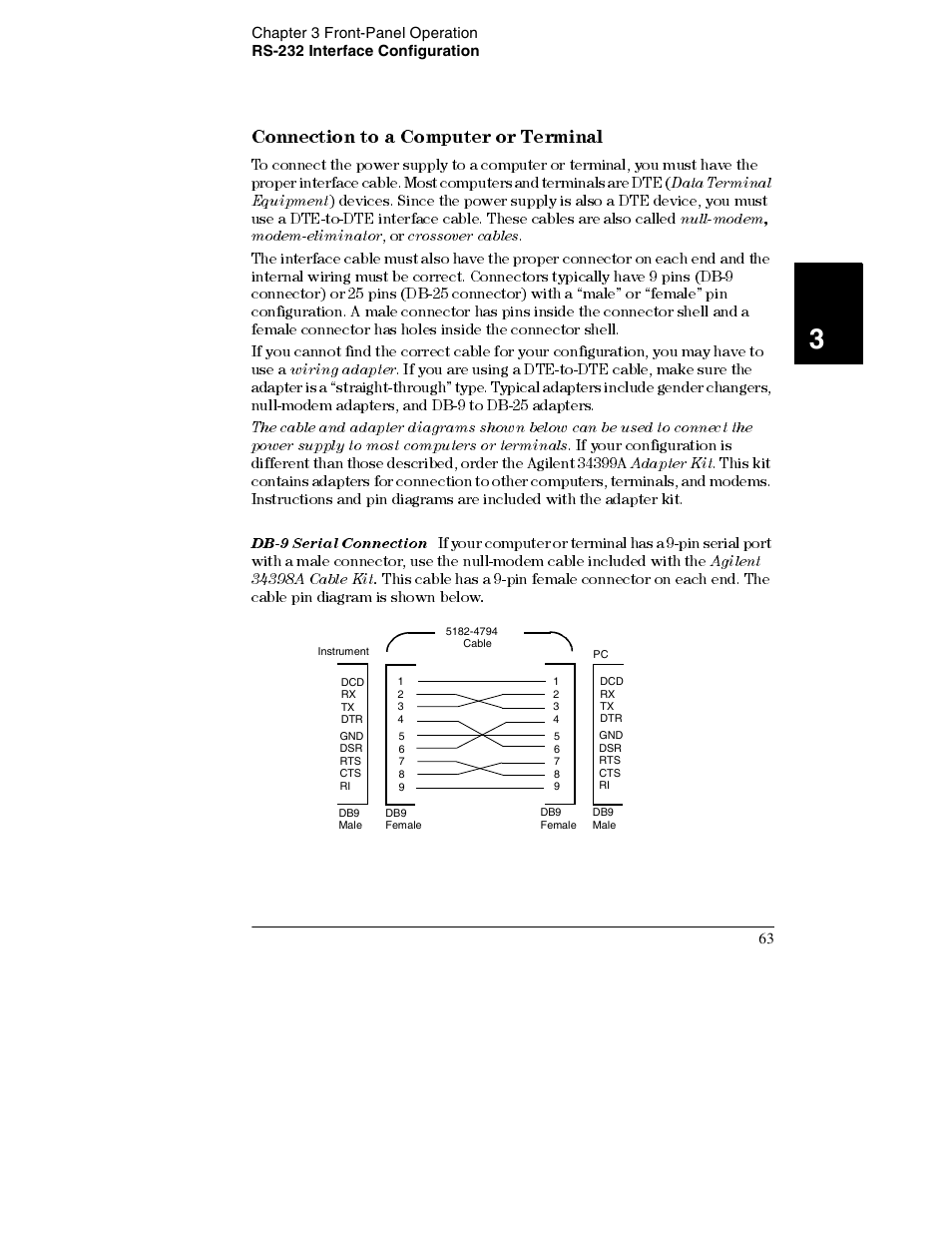 Connection to a computer or terminal 63, Connection to a computer or terminal, Data terminal equipment | Null-modem, modem-eliminator, Crossover cables, Wiring adapter, Adapter kit, Db-9 serial connection | Agilent Technologies E3632A User Manual | Page 65 / 172