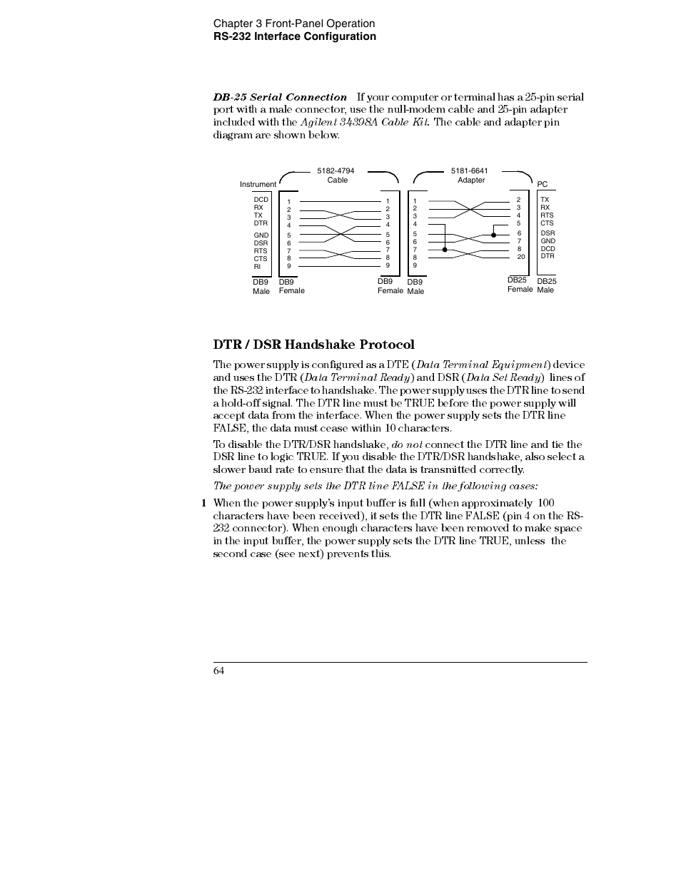 Dtr / dsr handshake protocol 64, Dtr / dsr handshake protocol, Db-25 serial connection | Data terminal equipment, Data terminal ready, Data set ready, Do not, The cable and adapter pin diagram are shown below, The power supply is configured as a dte, Device and uses the dtr | Agilent Technologies E3632A User Manual | Page 66 / 172