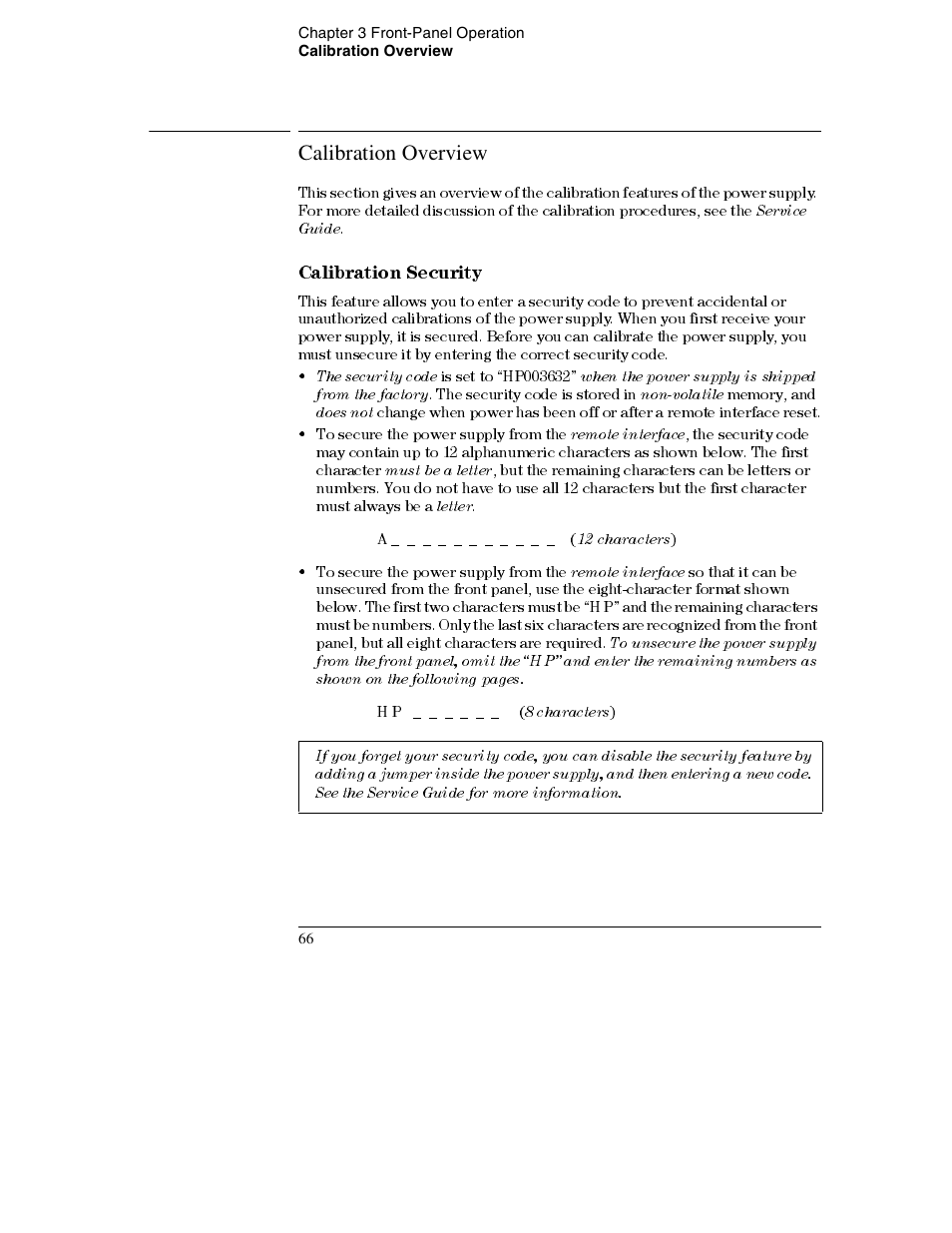 Calibration overview, Calibration overview 66, Calibration security 66 | Calibration security | Agilent Technologies E3632A User Manual | Page 68 / 172