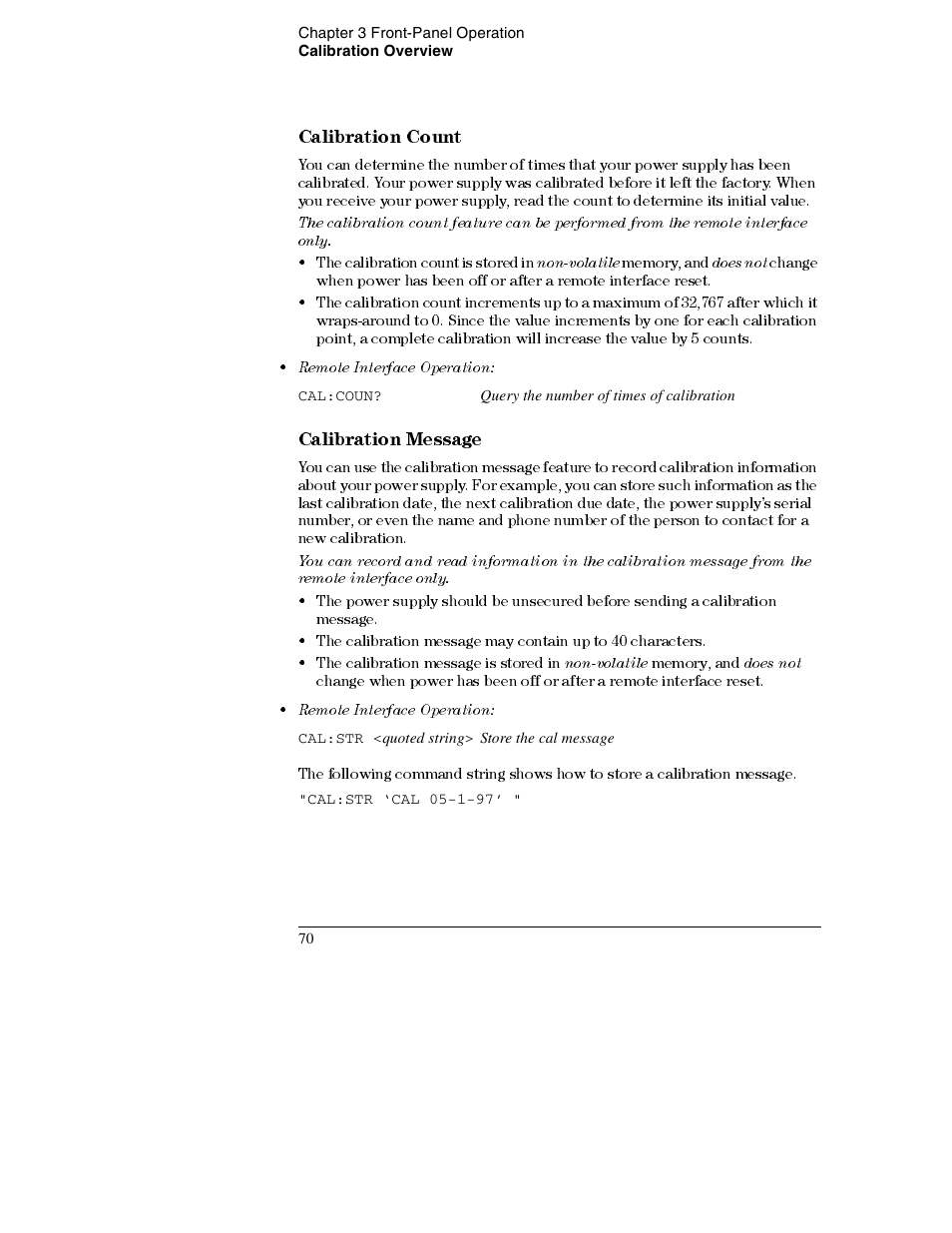 Calibration count 70, Calibration message 70, Calibration count | Calibration message | Agilent Technologies E3632A User Manual | Page 72 / 172