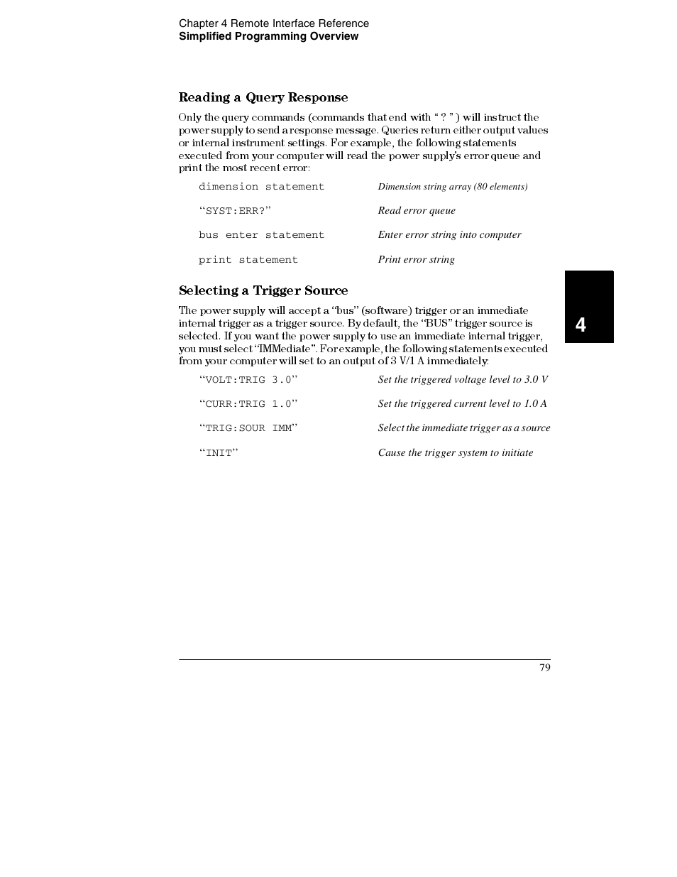 Reading a query response 79, Selecting a trigger source 79, Reading a query response | Selecting a trigger source | Agilent Technologies E3632A User Manual | Page 82 / 172