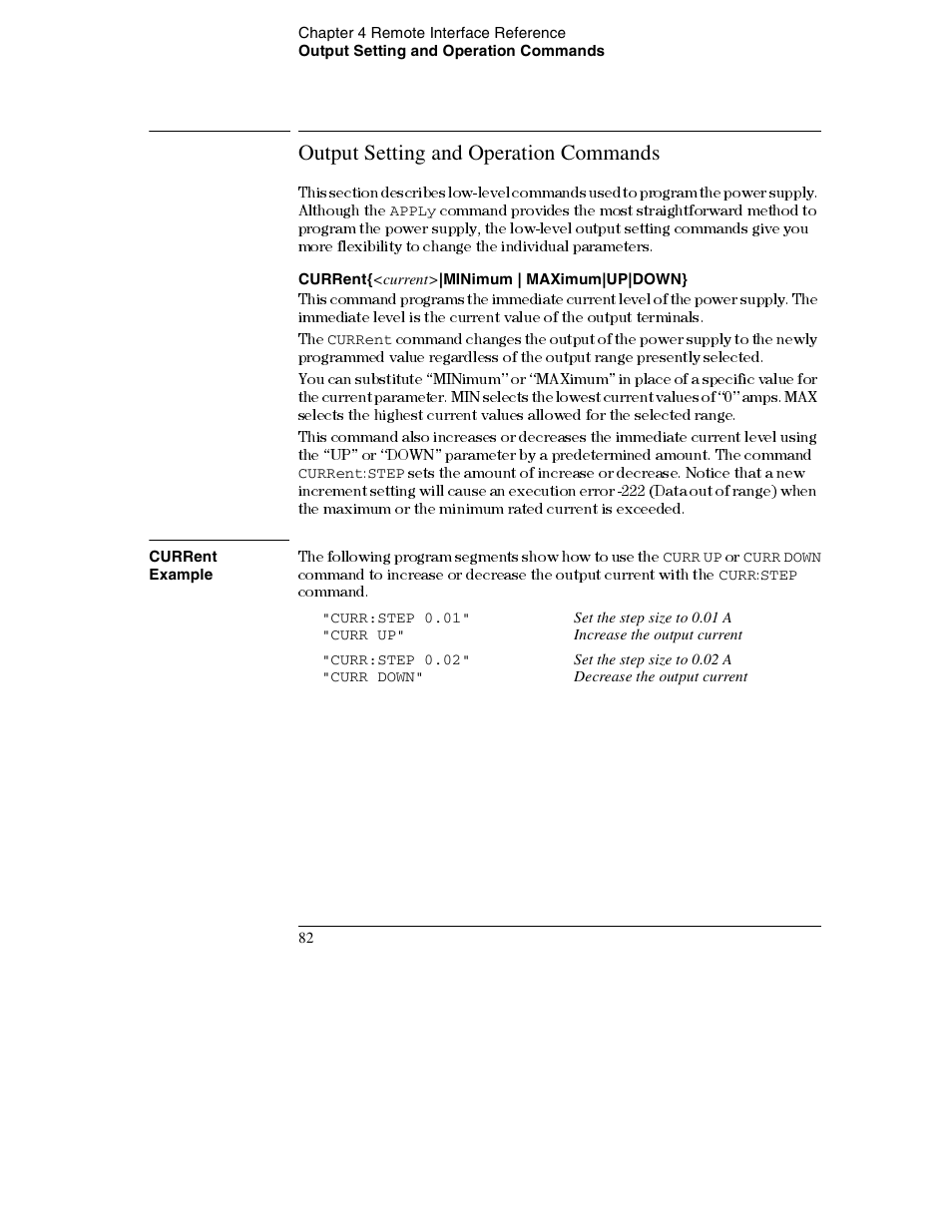 Output setting and operation commands, Current{<current>|minimum | maximum|up|down, Current | Output setting and operation commands 82 | Agilent Technologies E3632A User Manual | Page 85 / 172