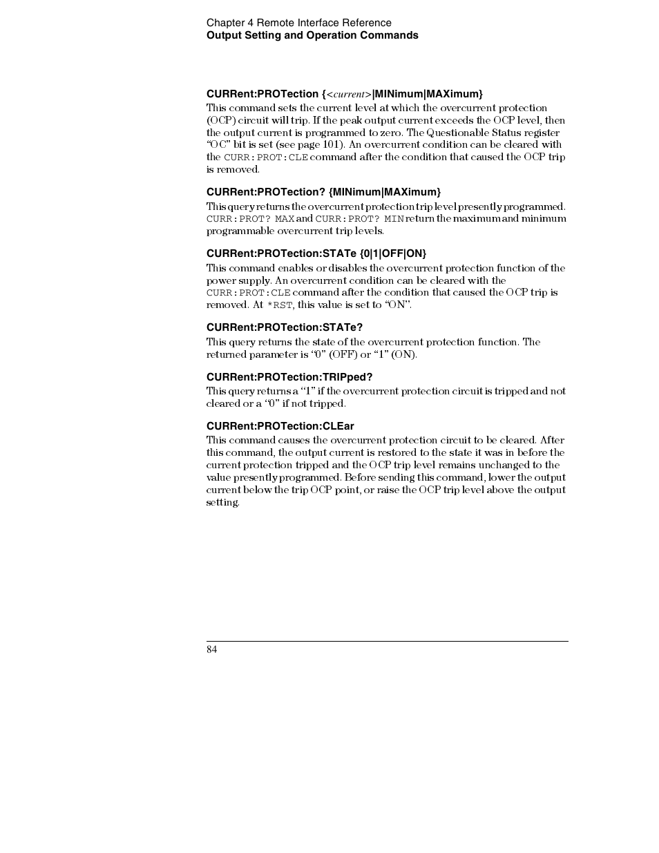 Current:protection {<current>|minimum|maximum, Current:protection? {minimum|maximum, Current:protection:state {0|1|off|on | Current:protection:state, Current:protection:tripped, Current:protection:clear | Agilent Technologies E3632A User Manual | Page 87 / 172