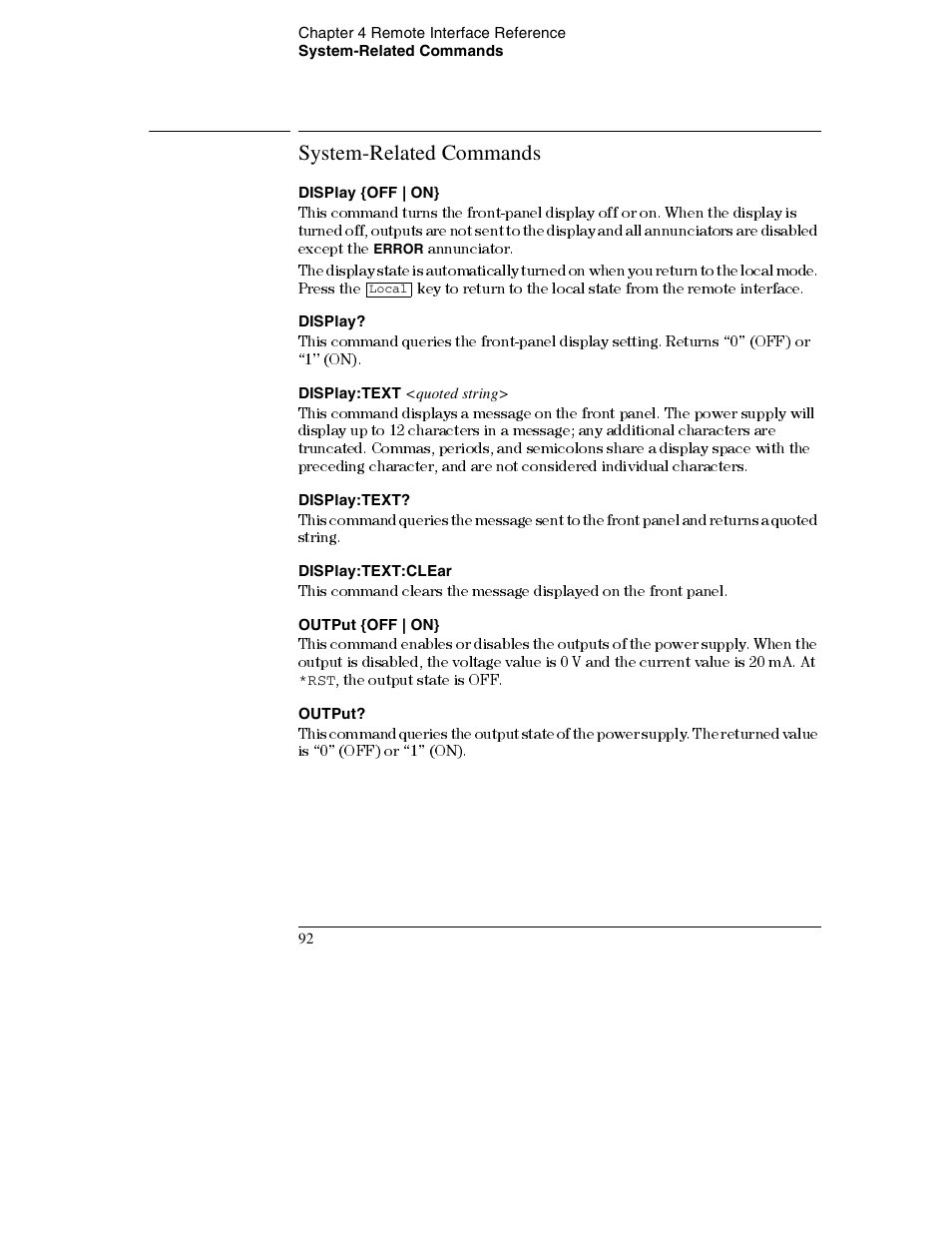 System-related commands, Display {off | on, Display | Display:text <quoted string, Display:text, Display:text:clear, Output {off | on, Output, System-related commands 92 | Agilent Technologies E3632A User Manual | Page 95 / 172