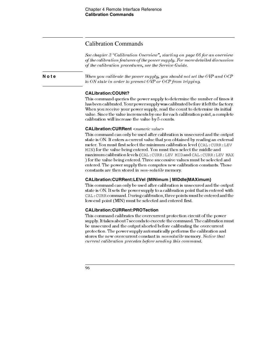 Calibration commands, Note, Calibration:count | Calibration:current <numeric value, Calibration:current:protection, Calibration commands 96 | Agilent Technologies E3632A User Manual | Page 99 / 172