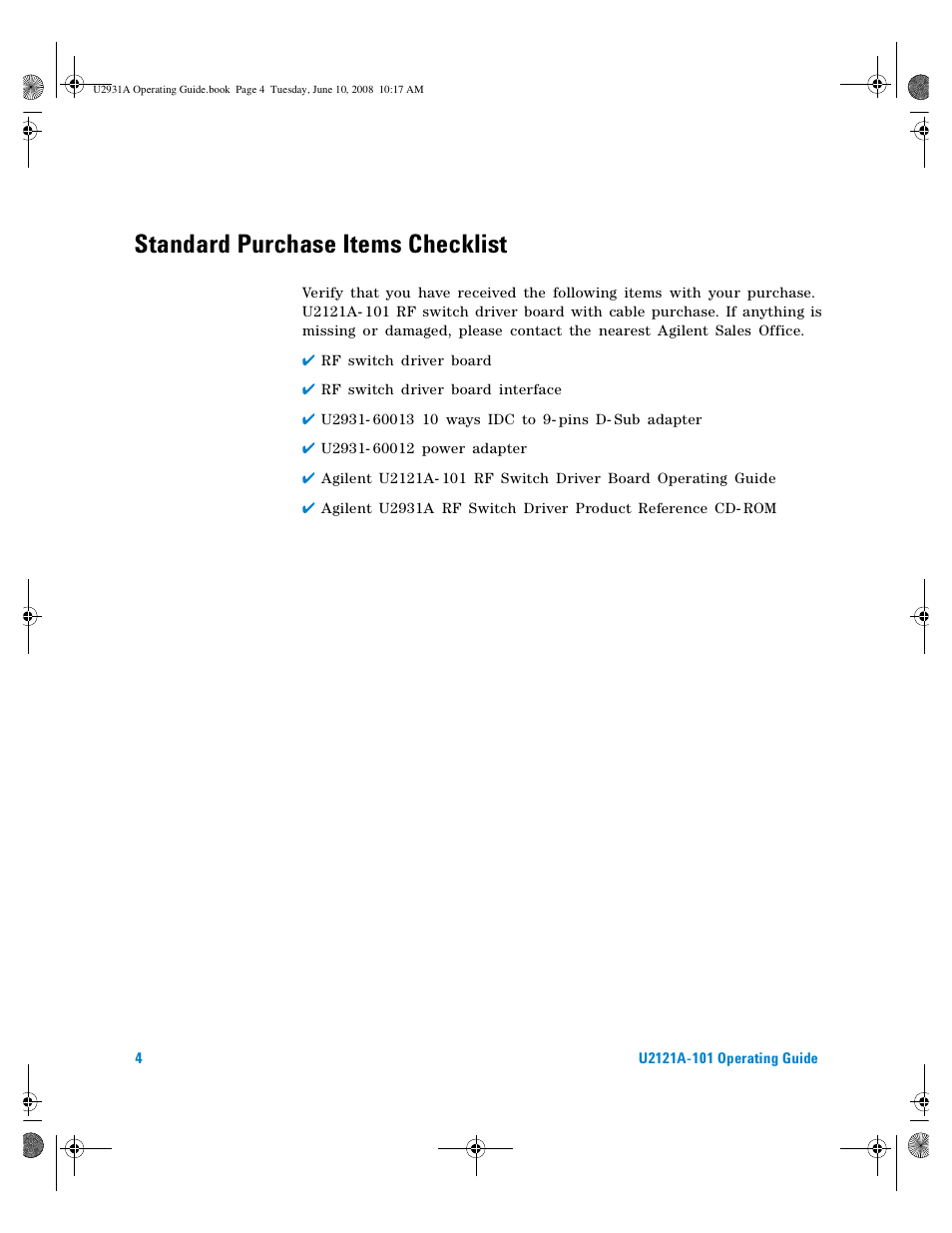 Standard purchase items checklist | Agilent Technologies Agilent RF Switch Driver Board U2121A-101 User Manual | Page 14 / 41