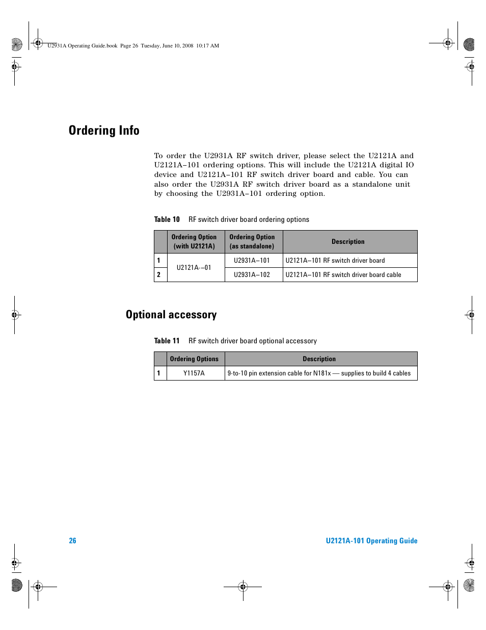 Ordering info, Optional accessory | Agilent Technologies Agilent RF Switch Driver Board U2121A-101 User Manual | Page 36 / 41