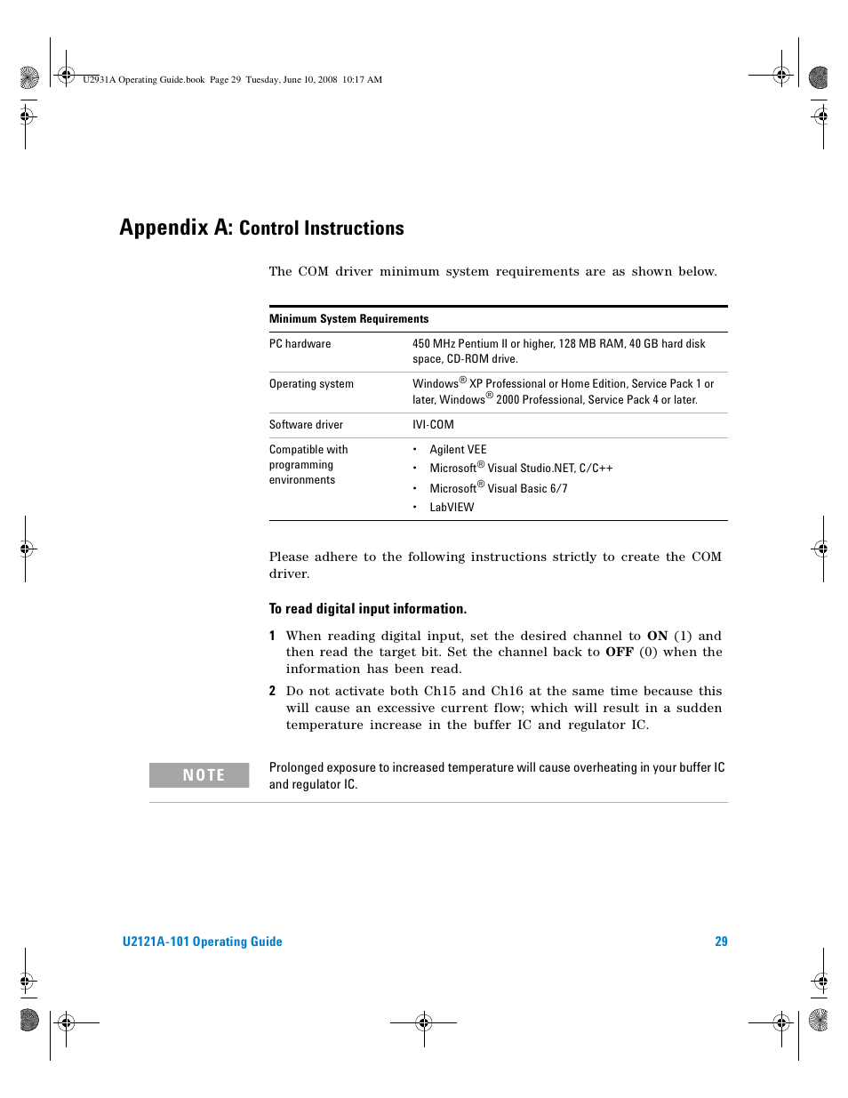 Appendix a: control instructions, Appendix a, Control instructions | N o t e | Agilent Technologies Agilent RF Switch Driver Board U2121A-101 User Manual | Page 37 / 41