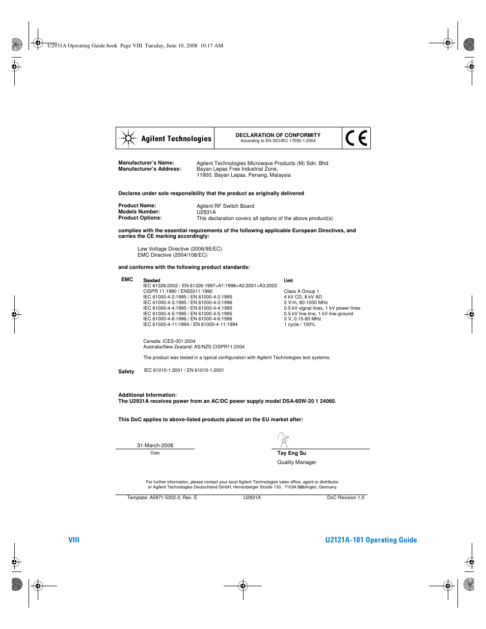 Agilent Technologies Agilent RF Switch Driver Board U2121A-101 User Manual | Page 8 / 41