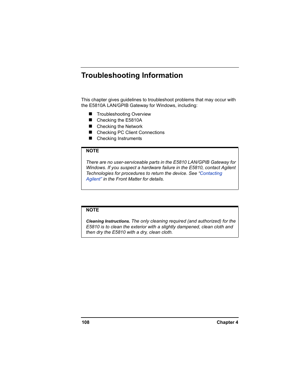 Troubleshooting information | Agilent Technologies E5810A User Manual | Page 108 / 159