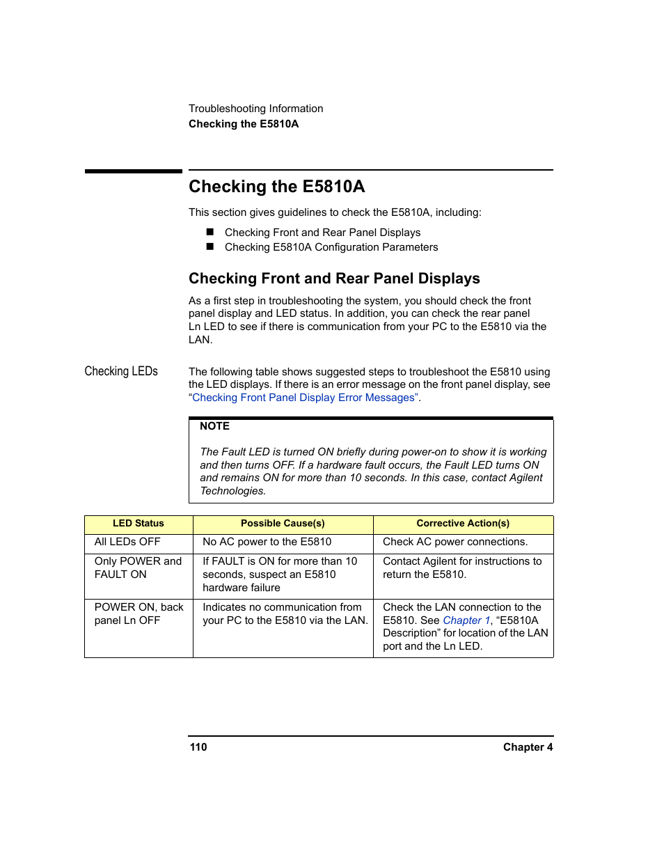 Checking the e5810a, Checking front and rear panel displays | Agilent Technologies E5810A User Manual | Page 110 / 159