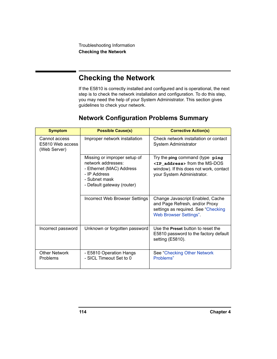 Checking the network, Network configuration problems summary | Agilent Technologies E5810A User Manual | Page 114 / 159