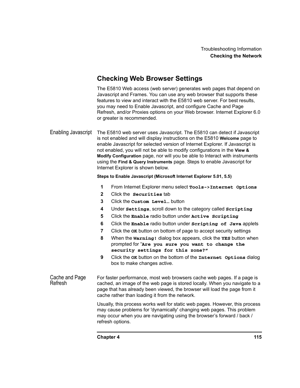 Checking web browser settings, Checking, Web browser settings | Agilent Technologies E5810A User Manual | Page 115 / 159
