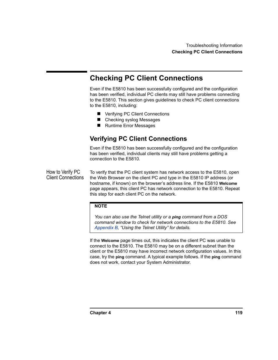 Checking pc client connections, Verifying pc client connections | Agilent Technologies E5810A User Manual | Page 119 / 159