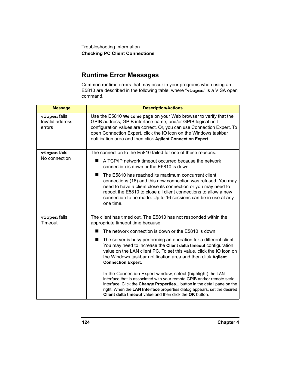 Runtime error messages | Agilent Technologies E5810A User Manual | Page 124 / 159