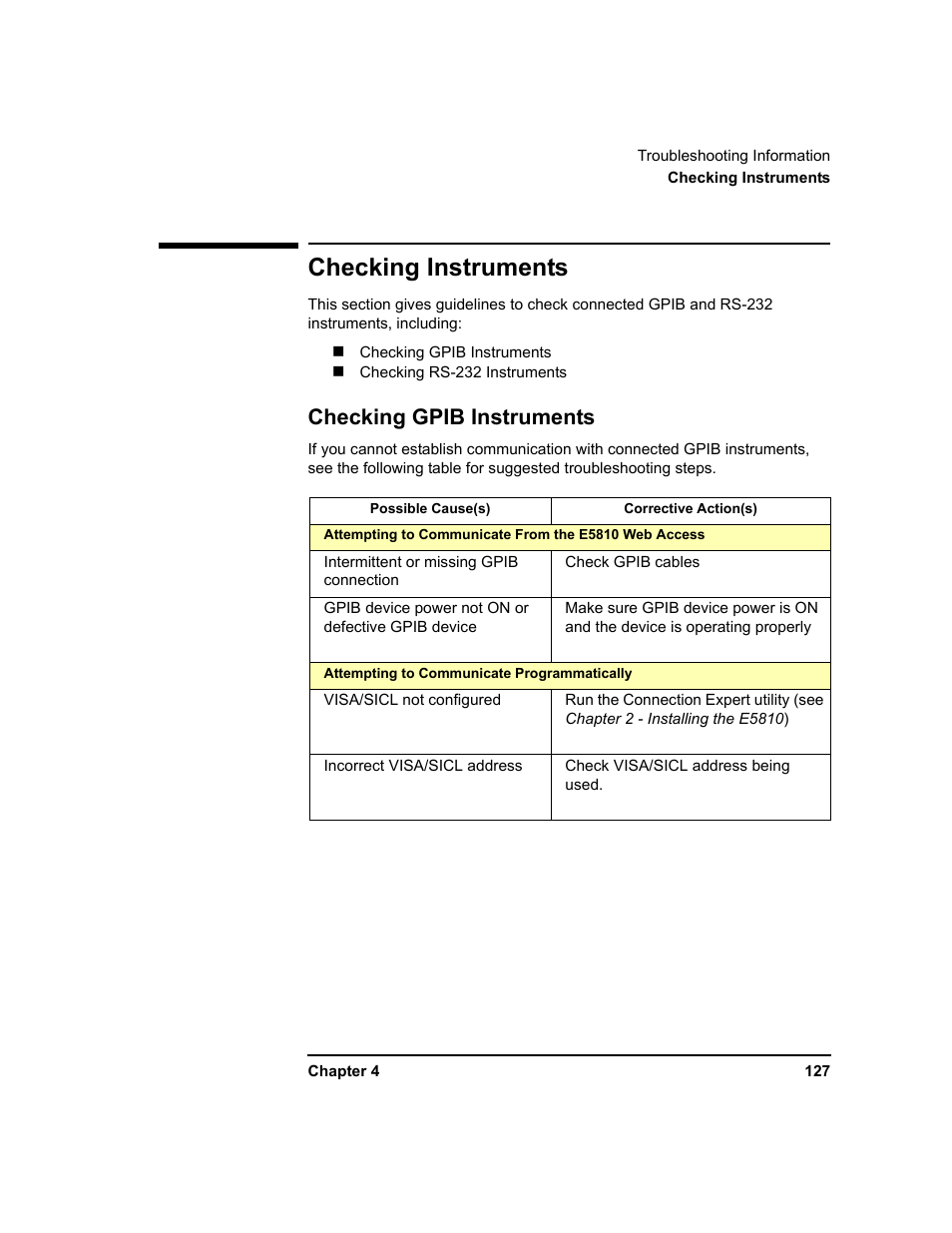 Checking instruments, Checking gpib instruments | Agilent Technologies E5810A User Manual | Page 127 / 159