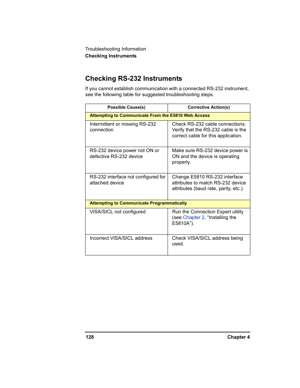 Checking rs-232 instruments | Agilent Technologies E5810A User Manual | Page 128 / 159