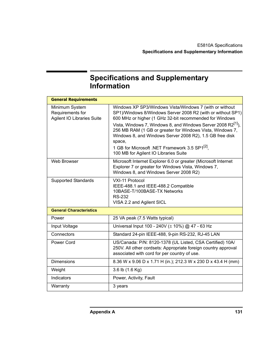 Specifications and supplementary information | Agilent Technologies E5810A User Manual | Page 131 / 159