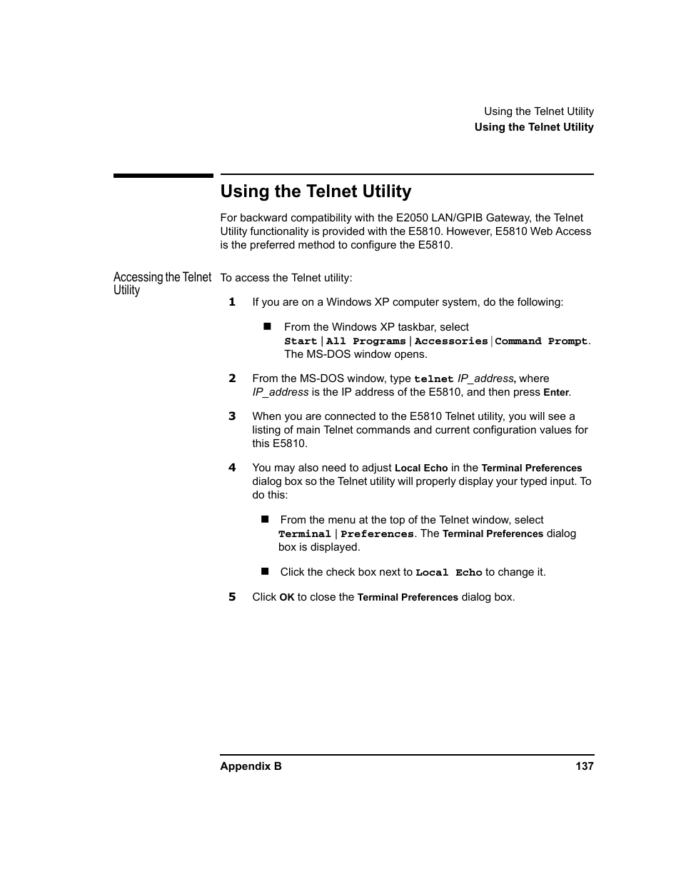 Using the telnet utility | Agilent Technologies E5810A User Manual | Page 137 / 159