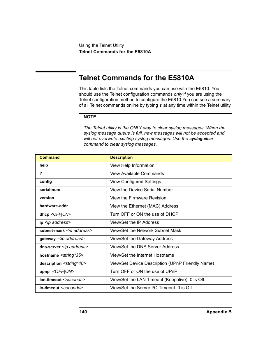 Telnet commands for the e5810a | Agilent Technologies E5810A User Manual | Page 140 / 159