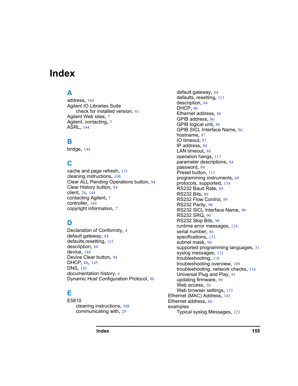 Index | Agilent Technologies E5810A User Manual | Page 155 / 159