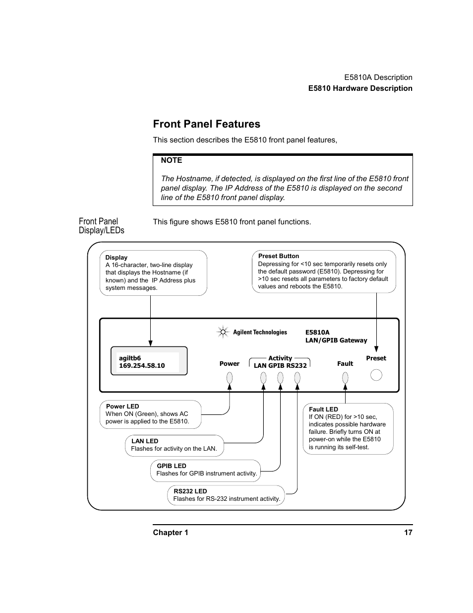 Front panel features, Front panel display/leds | Agilent Technologies E5810A User Manual | Page 17 / 159