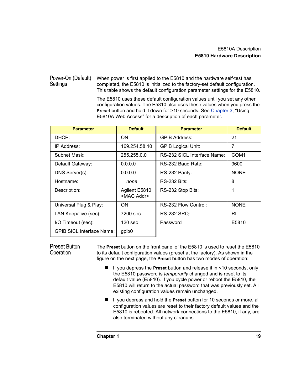 Preset | Agilent Technologies E5810A User Manual | Page 19 / 159