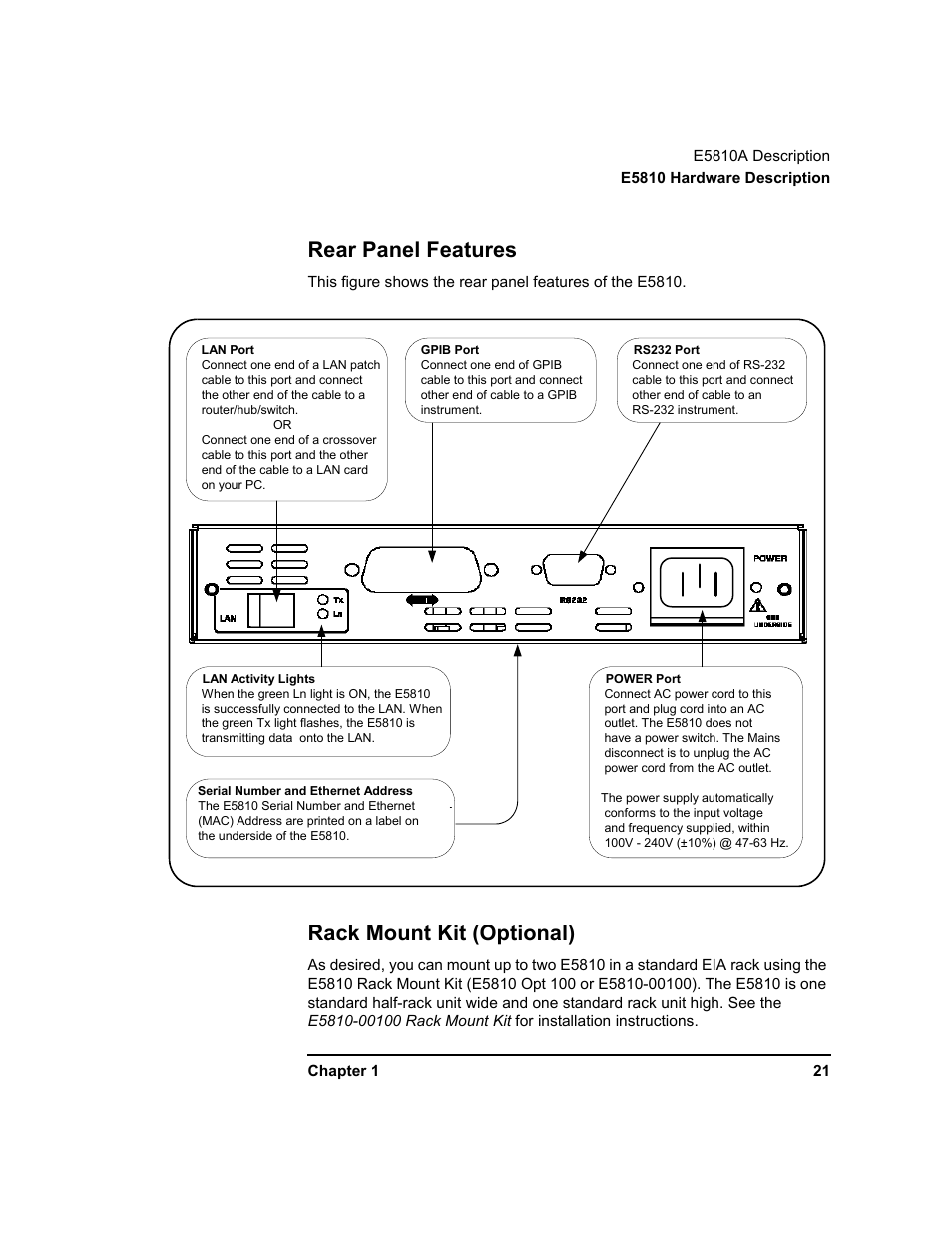 Rear panel features, Rack mount kit (optional) | Agilent Technologies E5810A User Manual | Page 21 / 159