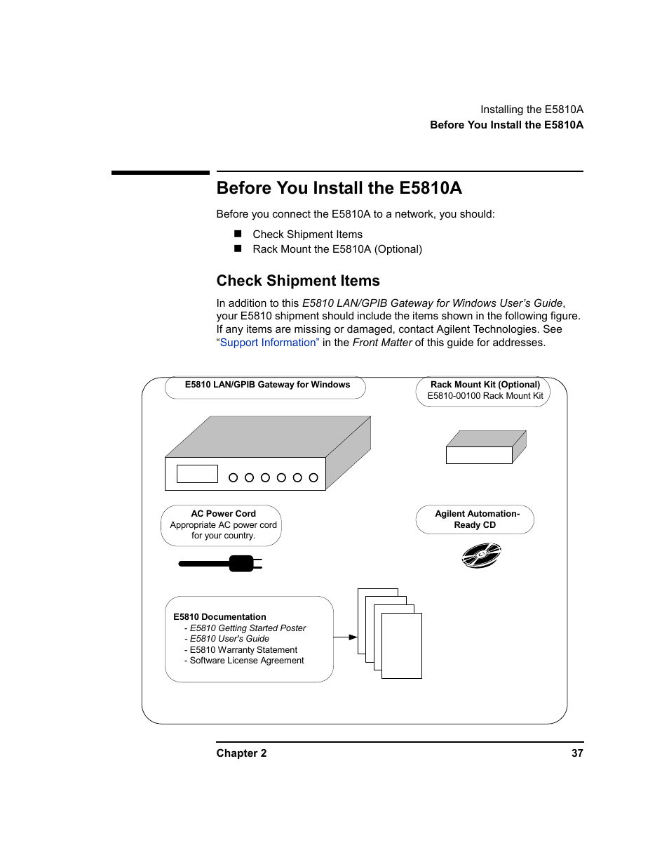 Before you install the e5810a, Check shipment items | Agilent Technologies E5810A User Manual | Page 37 / 159
