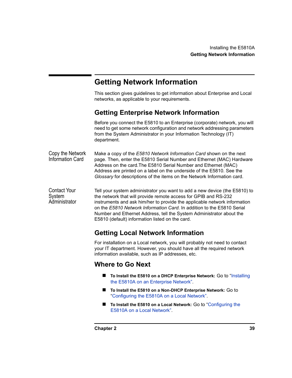 Getting network information, Getting enterprise network information, Getting local network information | Where to go next | Agilent Technologies E5810A User Manual | Page 39 / 159