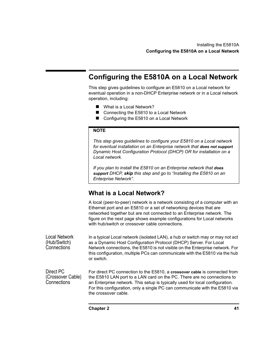 Configuring the e5810a on a local network, What is a local network, Configuring the | E5810a on a local network | Agilent Technologies E5810A User Manual | Page 41 / 159