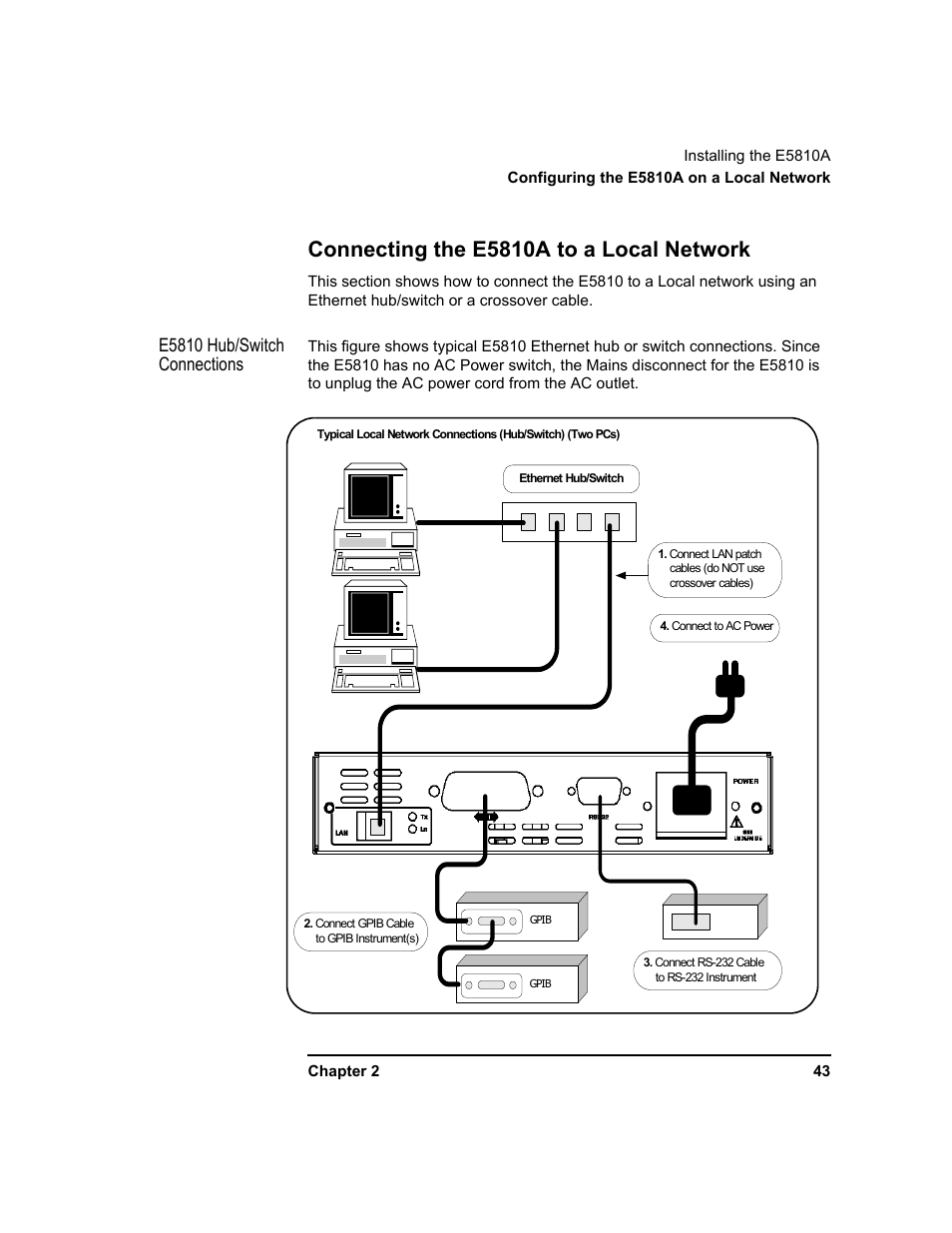 Connecting the e5810a to a local network, E5810 hub/switch connections | Agilent Technologies E5810A User Manual | Page 43 / 159