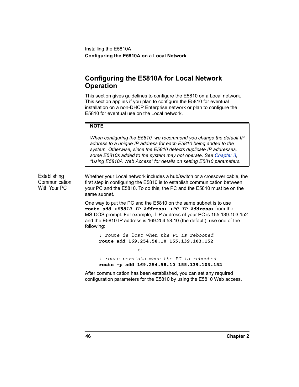 Configuring the e5810a for local network operation | Agilent Technologies E5810A User Manual | Page 46 / 159