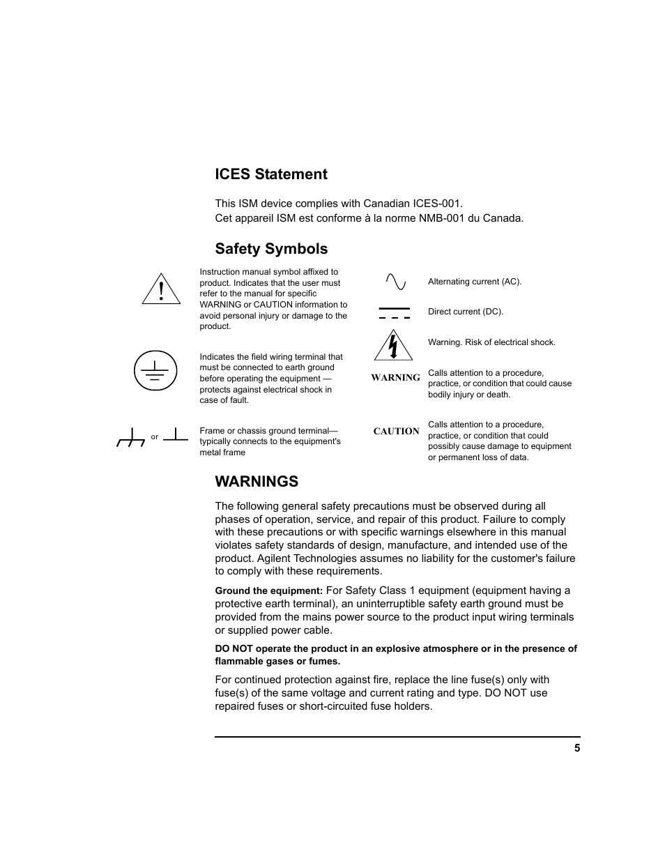 Ices statement, Safety symbols warnings | Agilent Technologies E5810A User Manual | Page 5 / 159