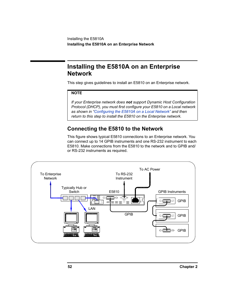 Installing the e5810a on an enterprise network, Connecting the e5810 to the network, Installing | The e5810a on an enterprise network, D go to, Installing the e5810a on an, Enterprise network | Agilent Technologies E5810A User Manual | Page 52 / 159