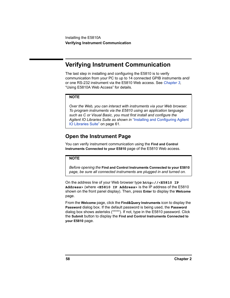 Verifying instrument communication, Open the instrument page | Agilent Technologies E5810A User Manual | Page 58 / 159