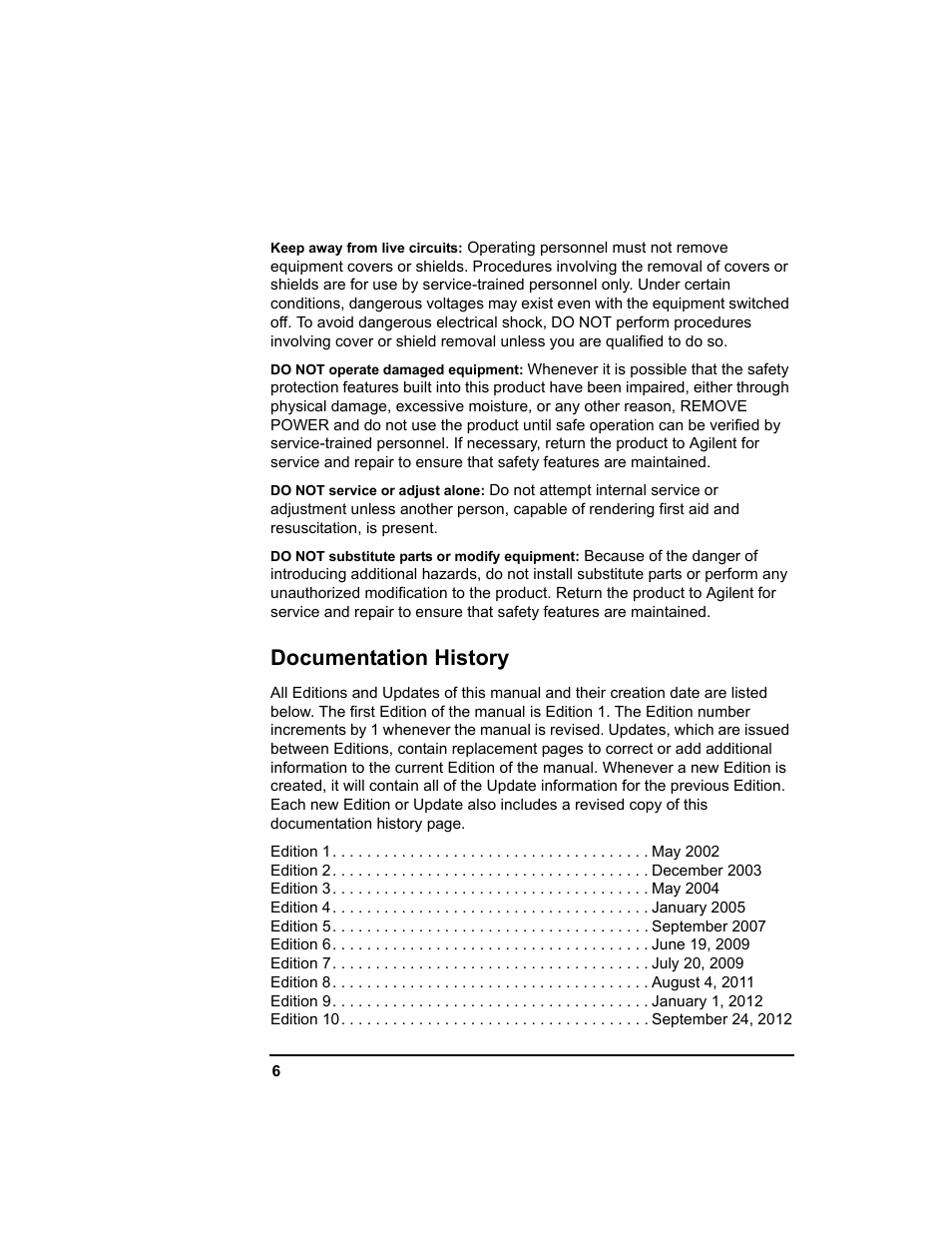 Documentation history | Agilent Technologies E5810A User Manual | Page 6 / 159