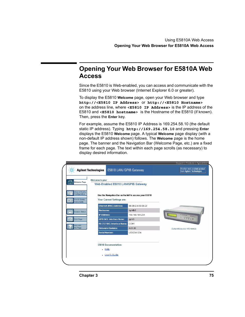 Opening your web browser for e5810a web access | Agilent Technologies E5810A User Manual | Page 75 / 159